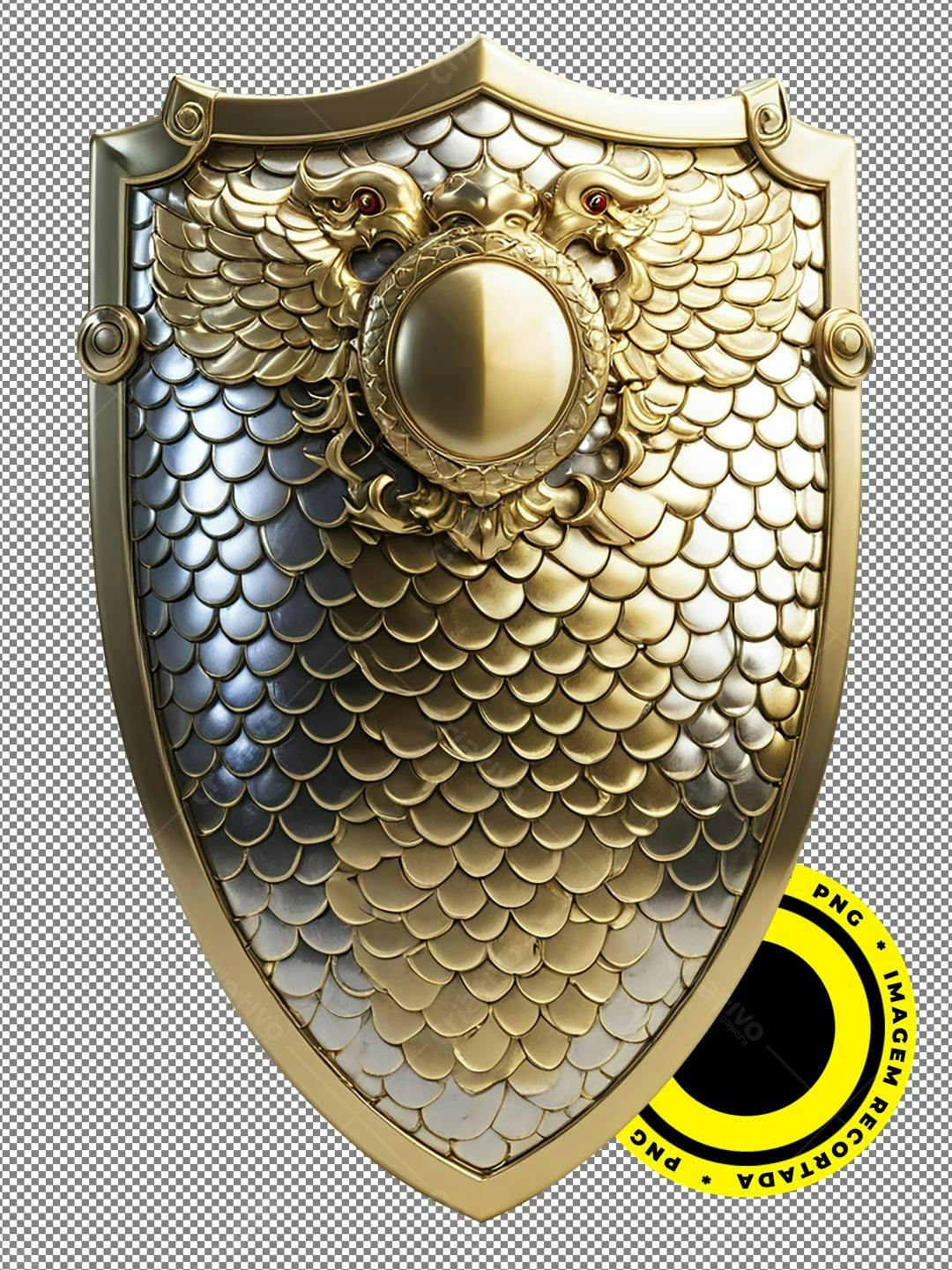 Escudo dourado e prateado PNG com fundo transparente
