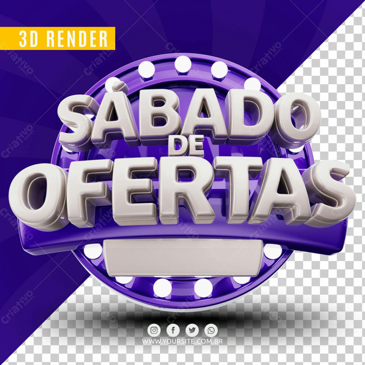 Selo 3D promocional roxa e prata com texto 3D