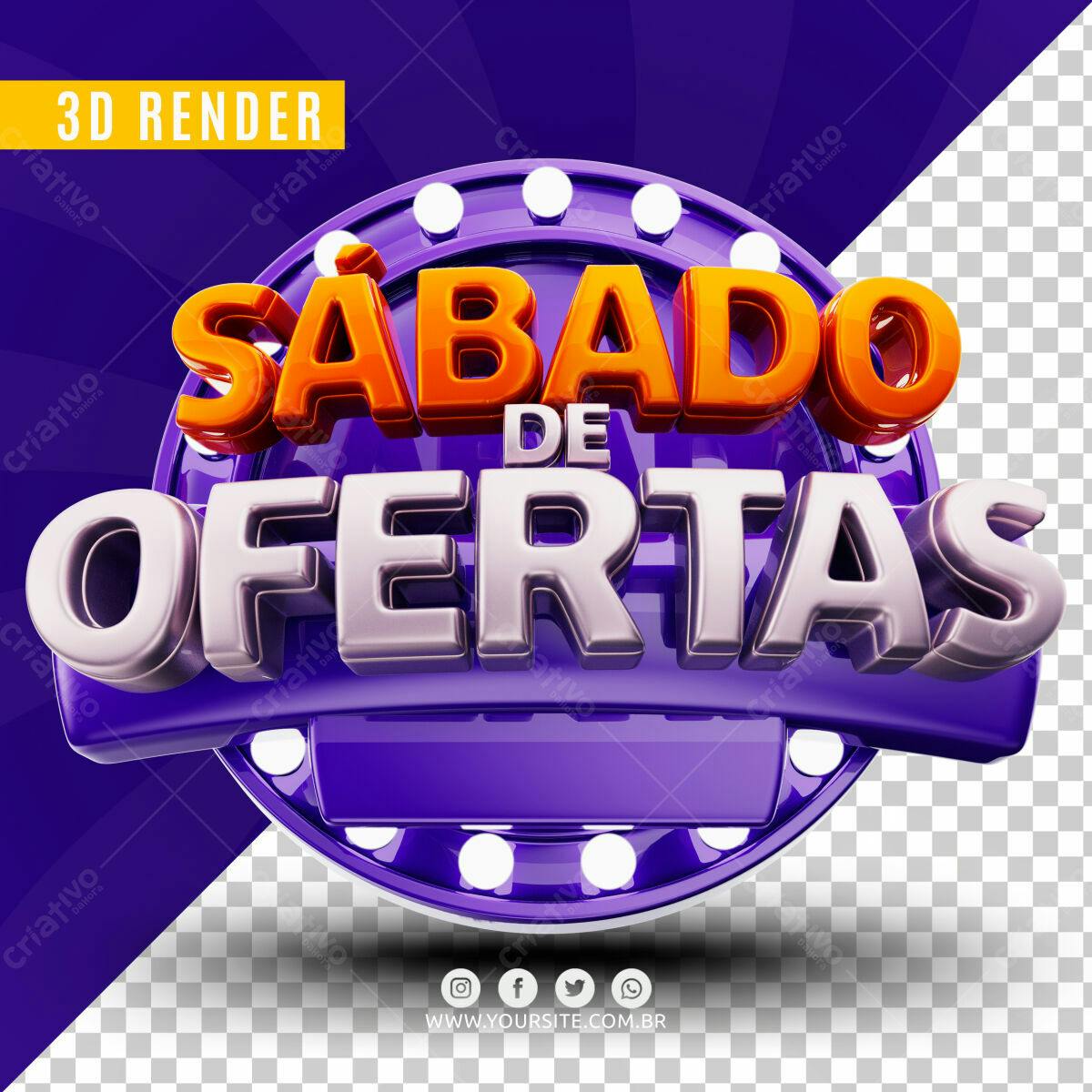 Selo 3D promocional sábado de ofertas roxo e laranja