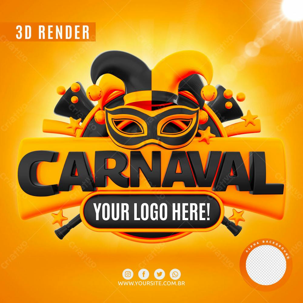 Selo 3D Carnaval Preto Laranjado Para Composicao Logo Editavel Psd