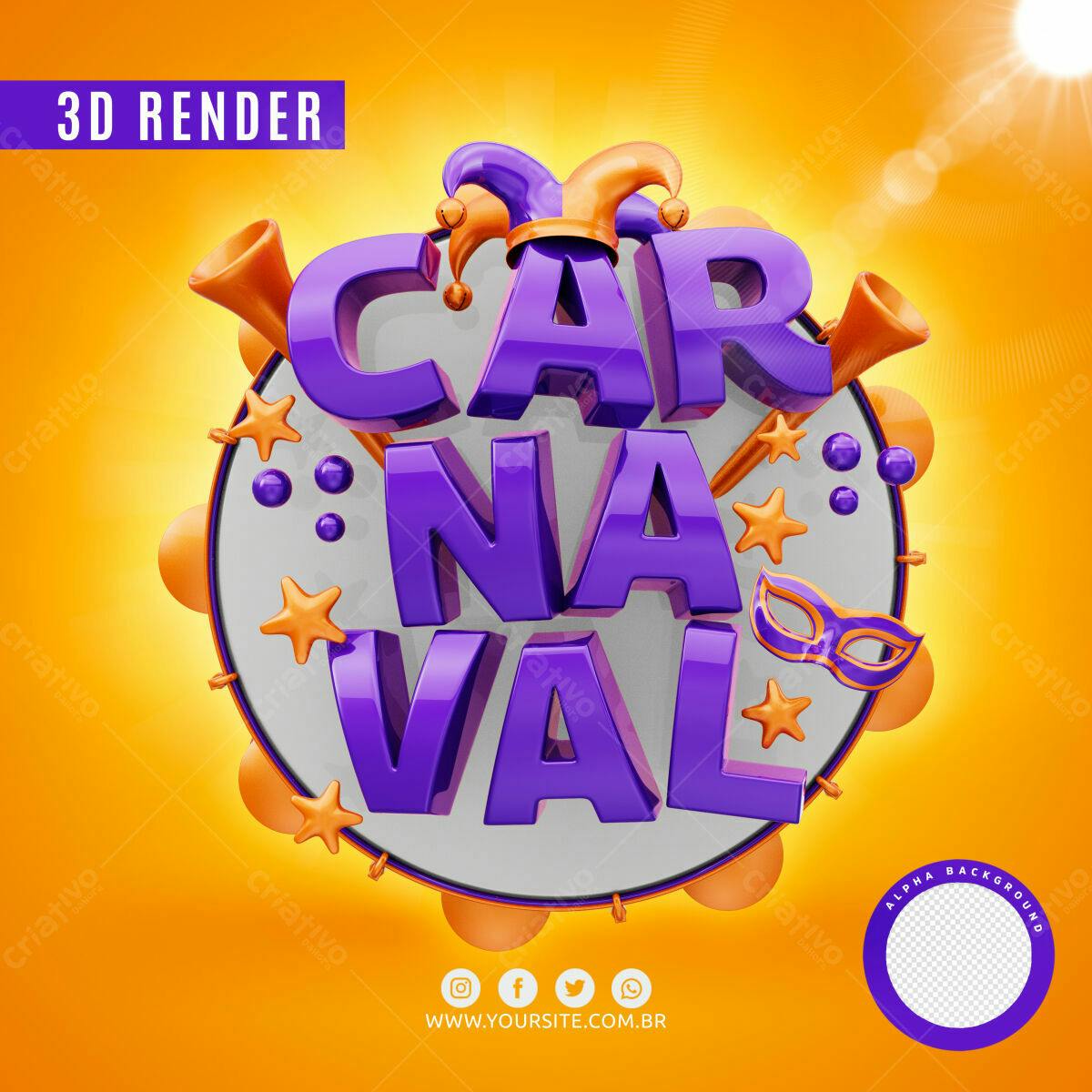Selo 3D Carnaval brilhante roxa e laranja