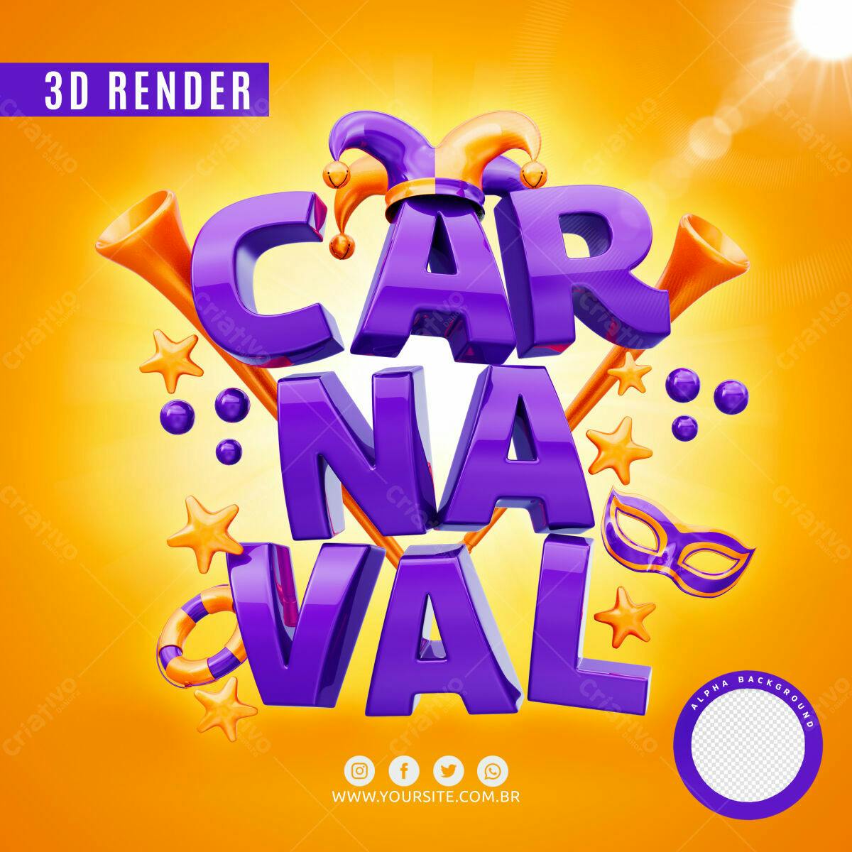 Selo 3D Carnaval Brilhante Roxo e Laranja
