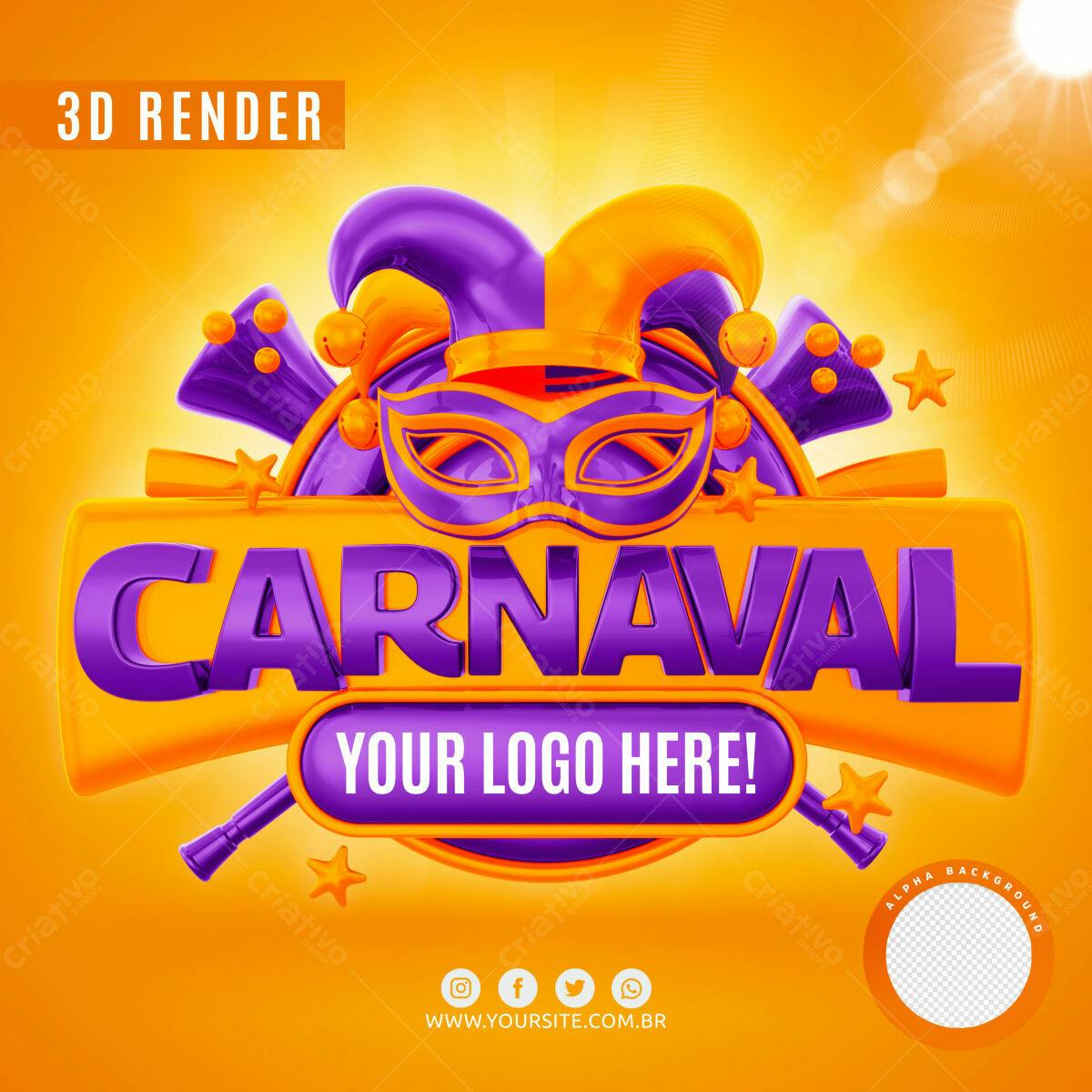 Selo 3D Carnaval Laranja e Roxo Brilhante