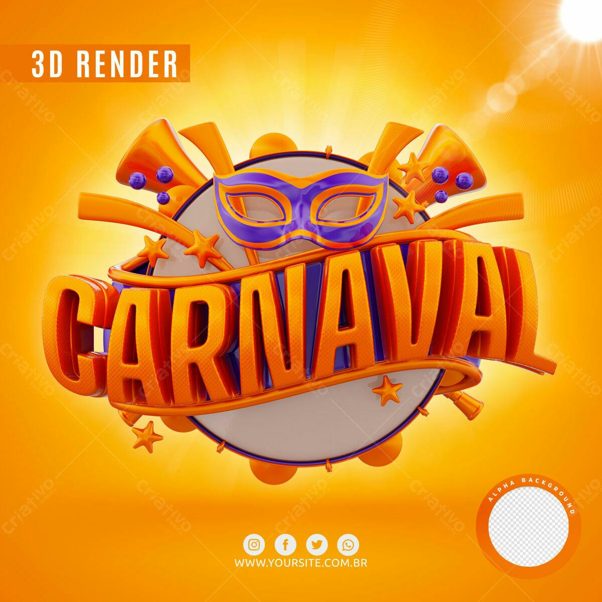 Selo 3D Carnaval laranja e roxo texturizado