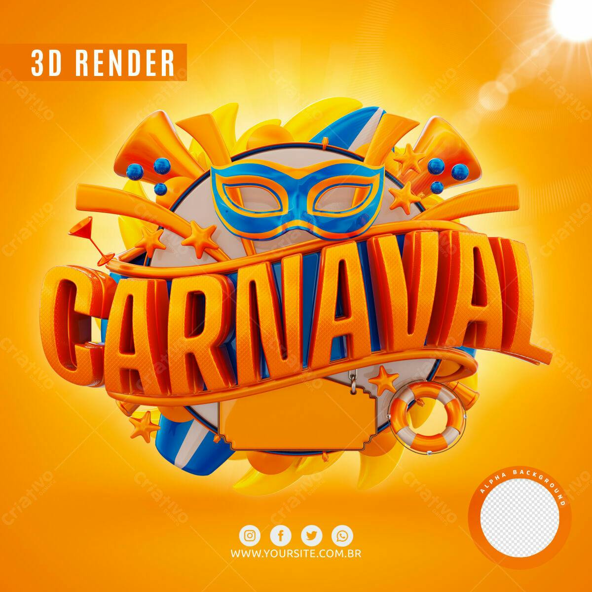 Selo 3D Carnaval laranja e azul