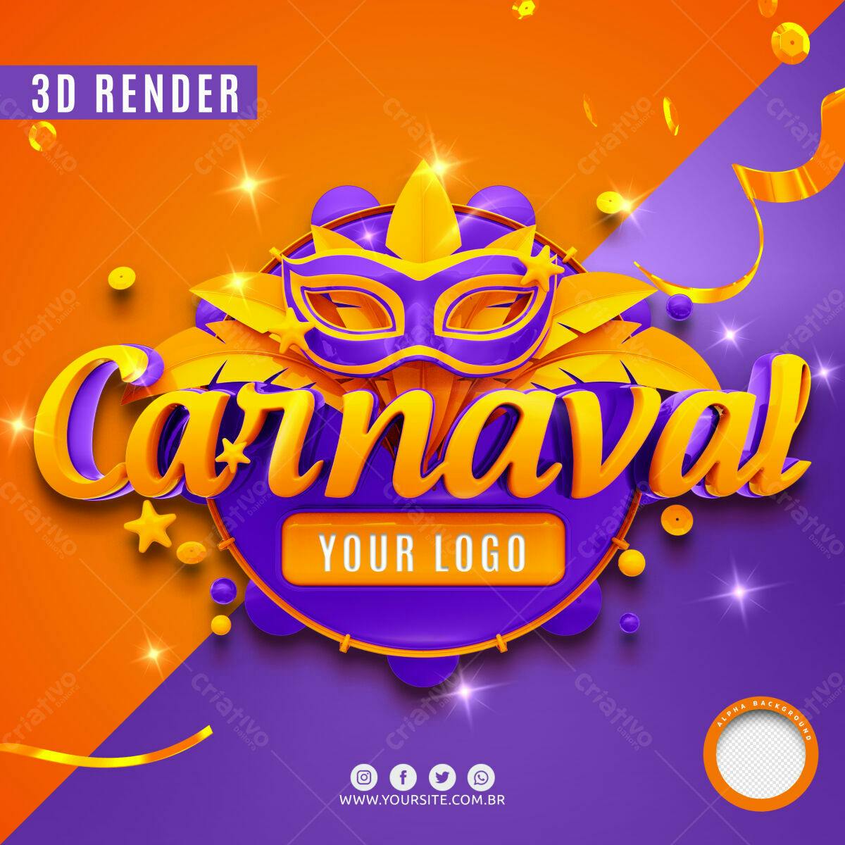 Selo 3D Carnaval máscara roxa e amarela