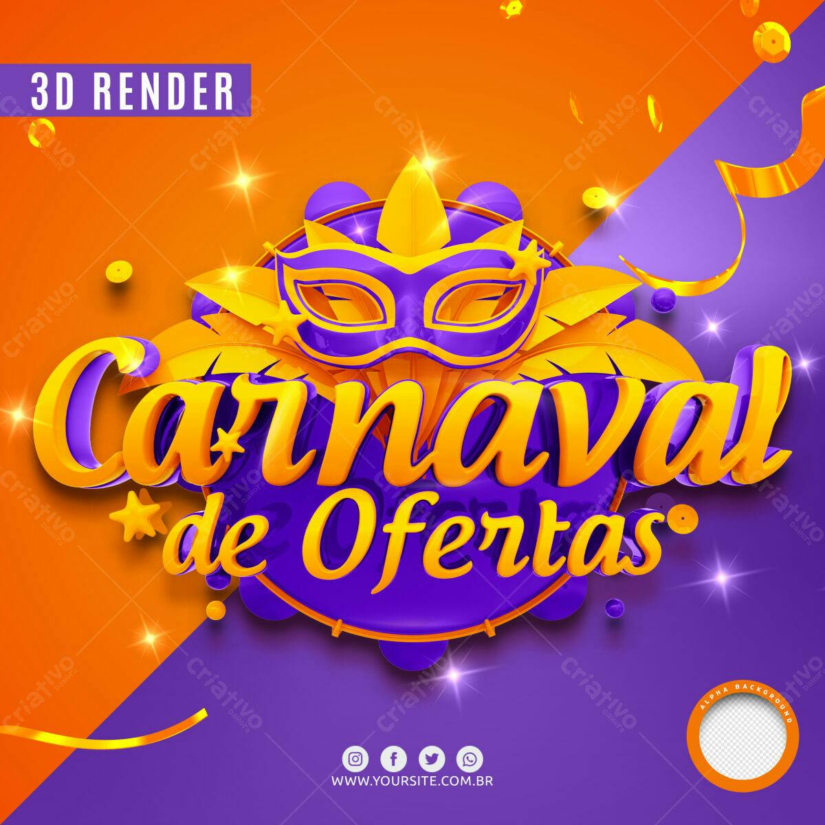 Selo 3D Carnaval dourado e roxo