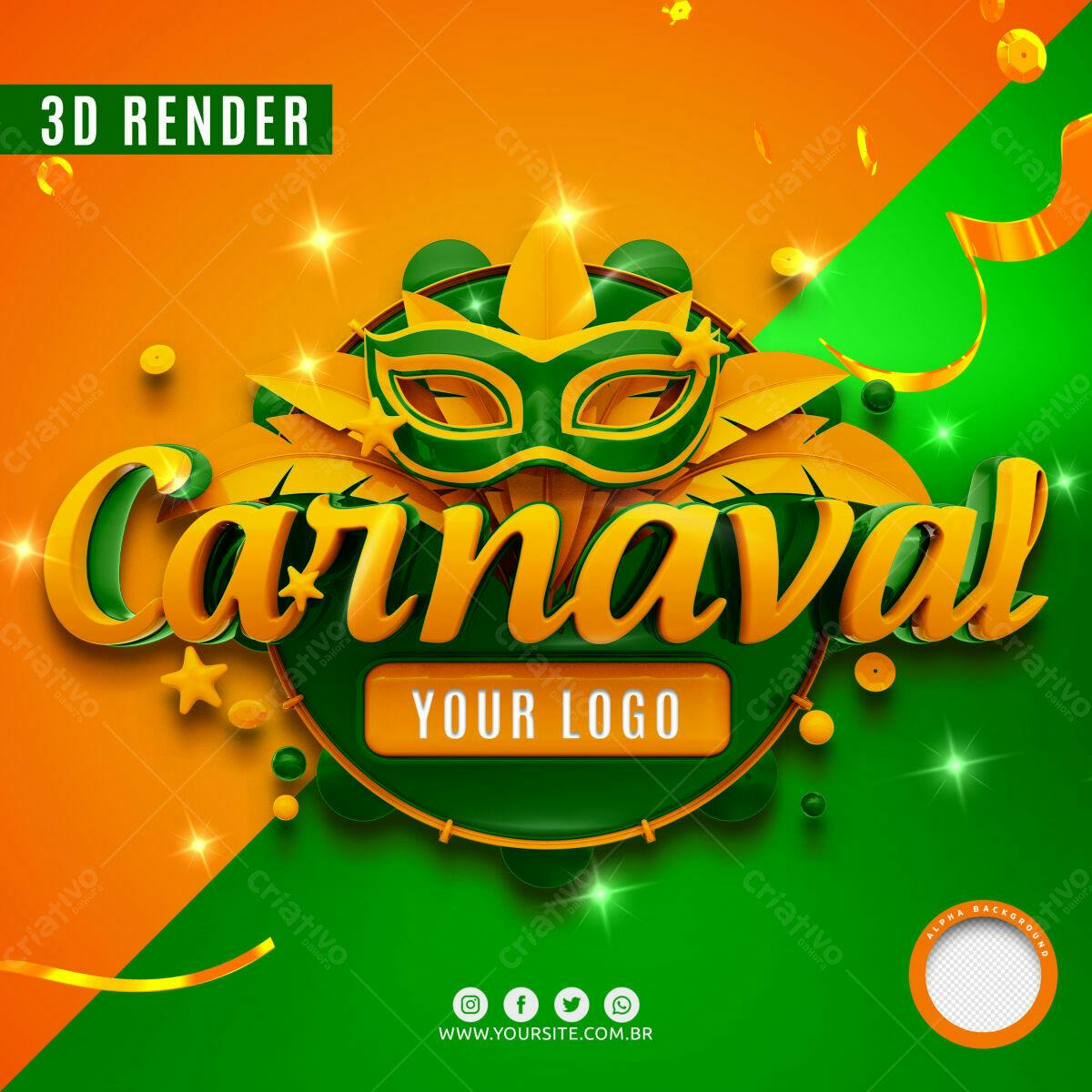 Selo 3D Carnaval Verde e Dourado em Alto Relevo