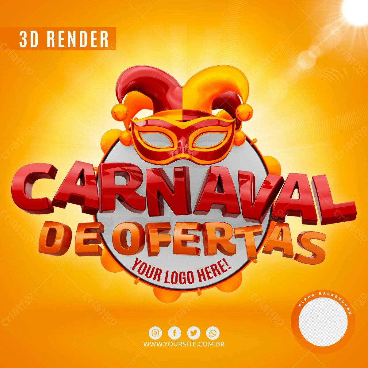 Selo 3D promocional Carnaval vermelho e laranja