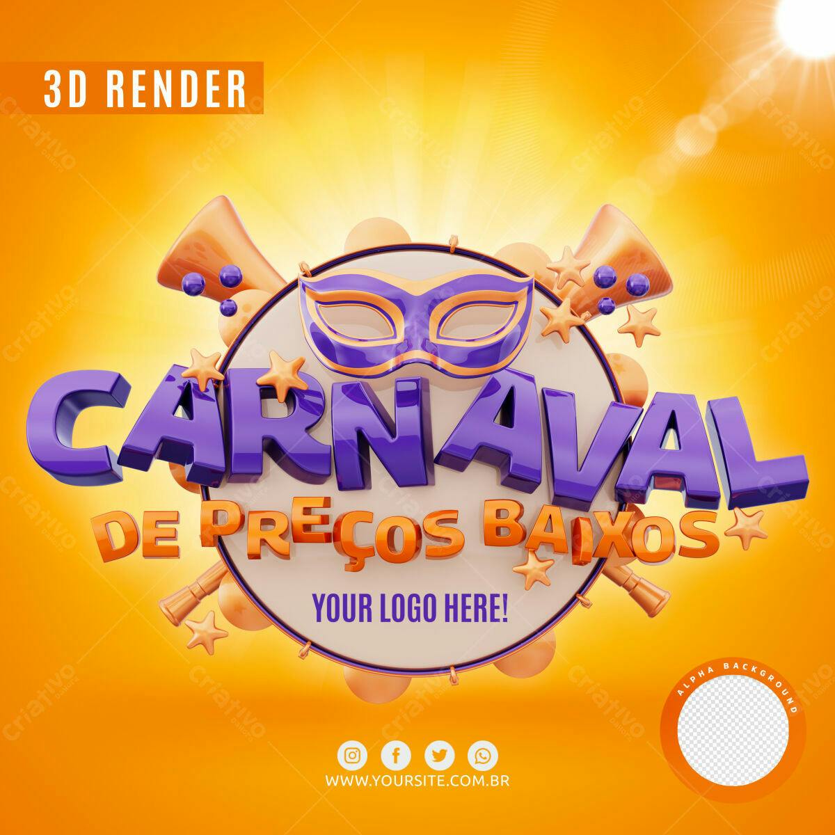 Selo 3D promocional Carnaval roxos e dourado