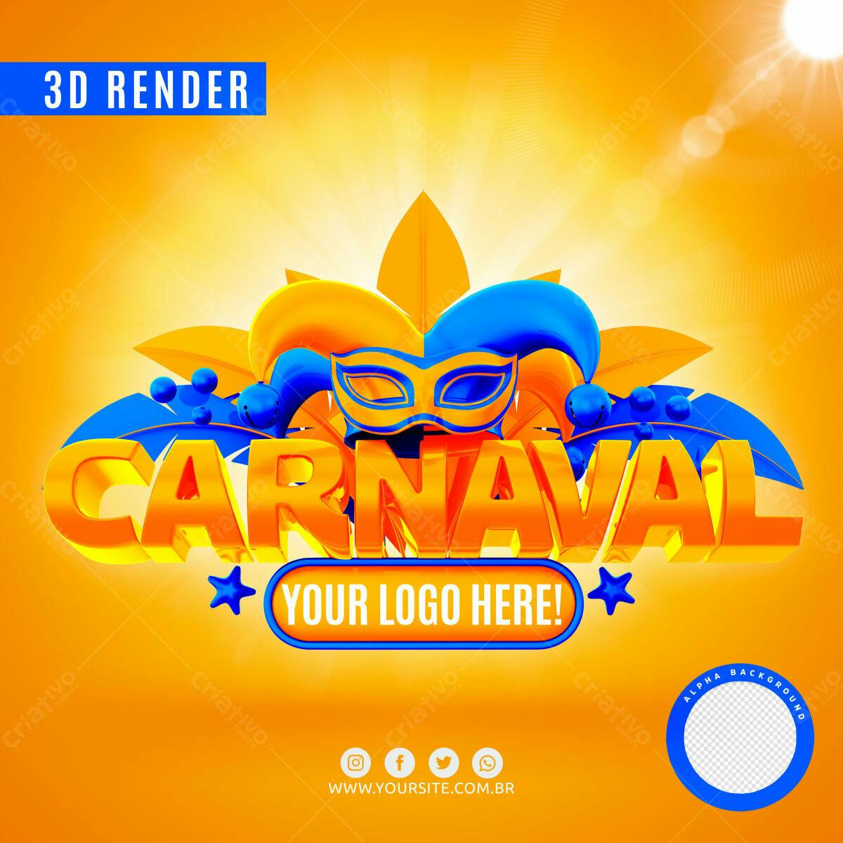 Selo 3D Carnaval Laranja e Azul Brilhante
