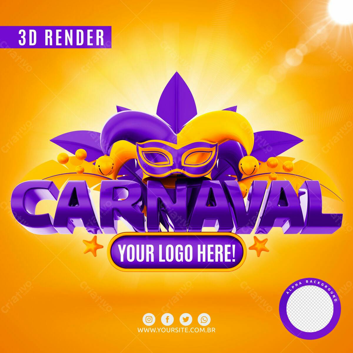 Selo 3D Carnaval Brilhante Roxo e Dourado