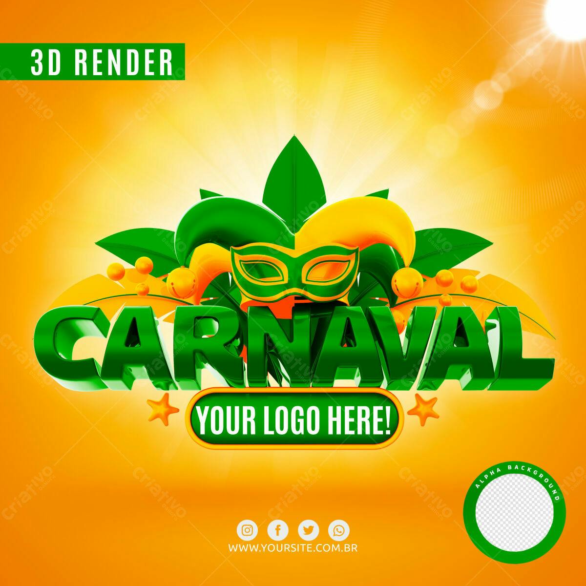 Selo 3D Carnaval Verde e Amarelo Brilhante
