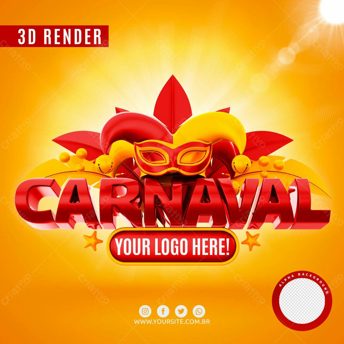 Selo 3D Carnaval Vermelho e Amarelo Brilhante