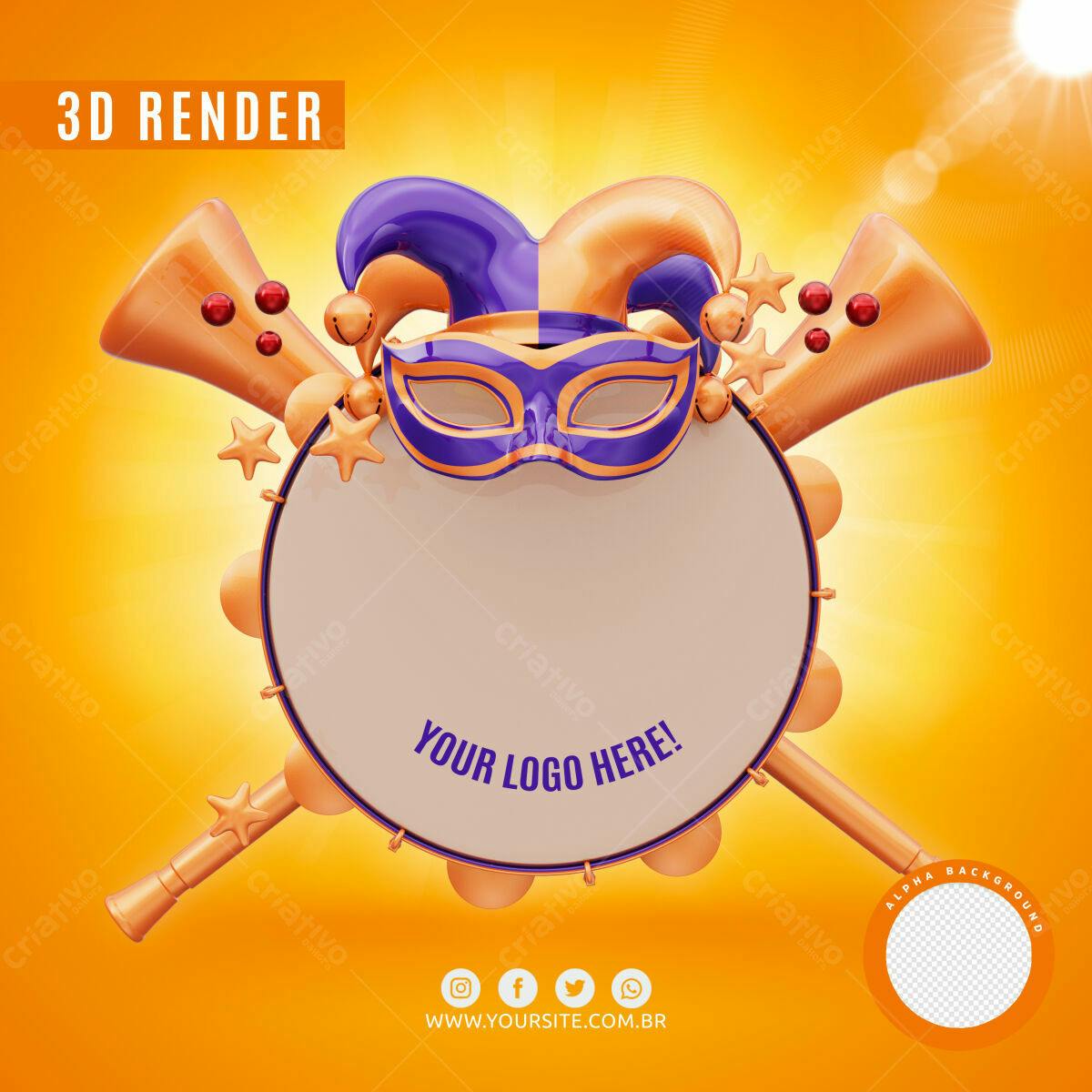 Selo 3D Carnaval Dourado e Roxo