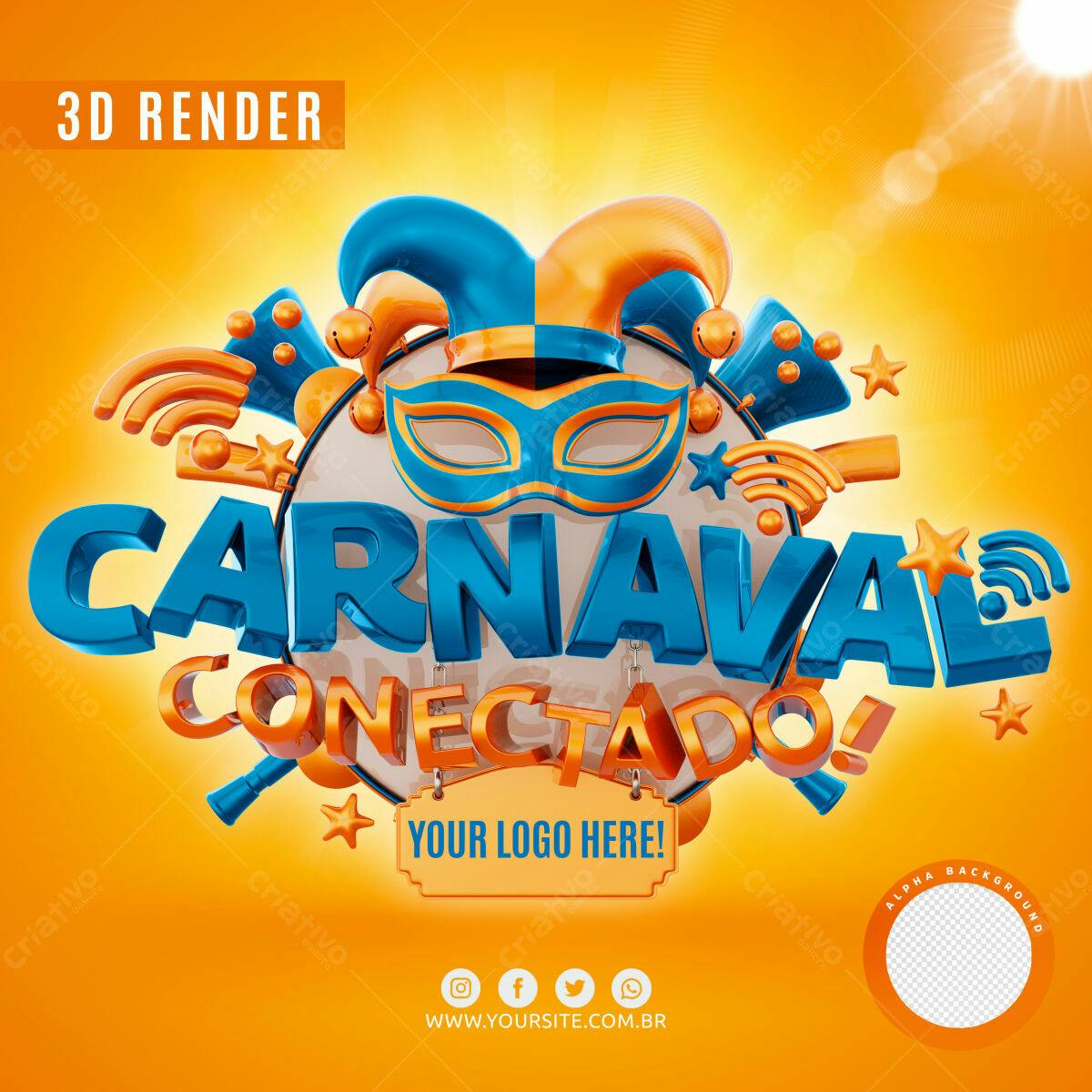 Selo 3D Carnaval Azul e Laranja Metalizado