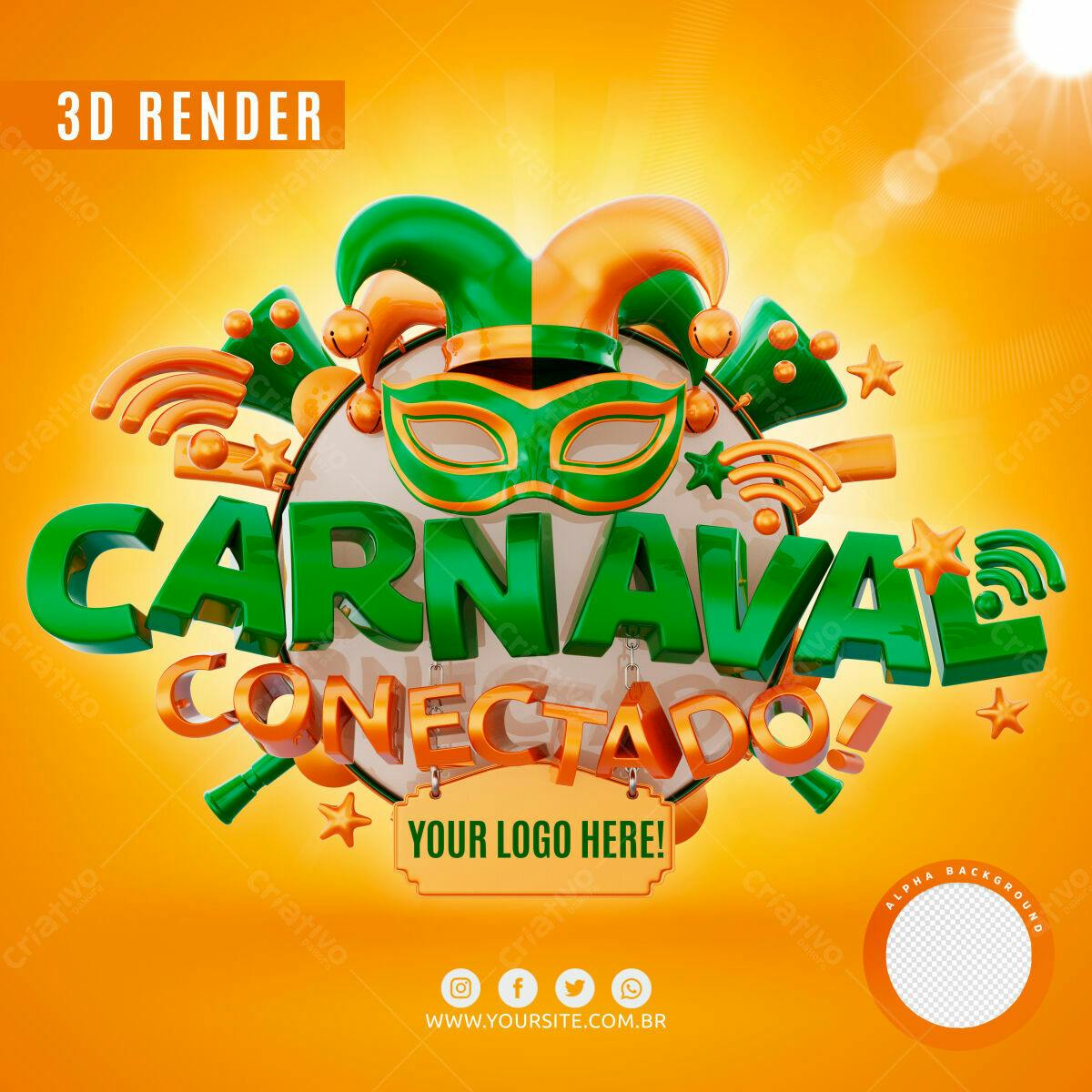 Selo 3D Carnaval Verde e Dourado Brilhante