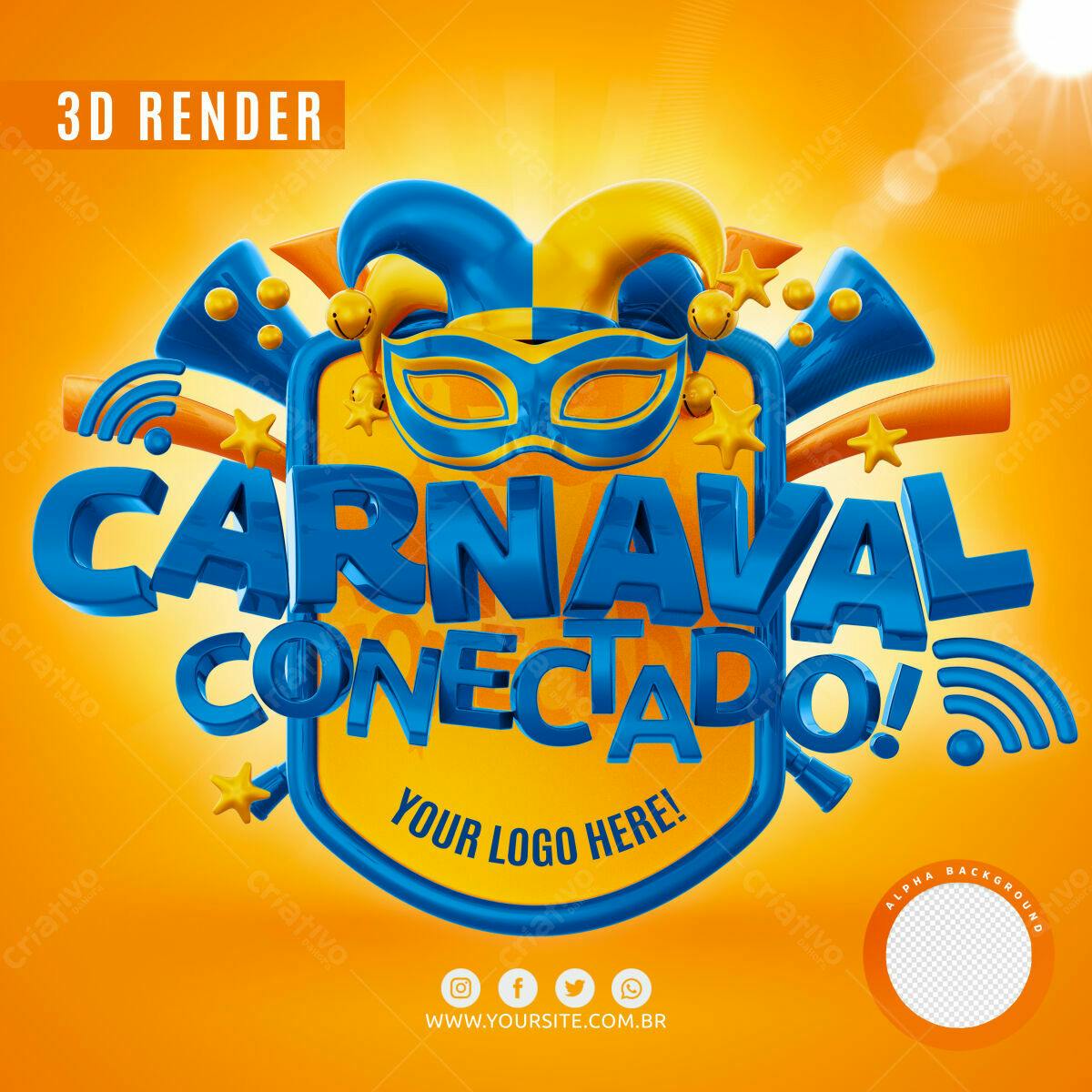 Selo 3D Carnaval Azul e Amarelo Brilhante