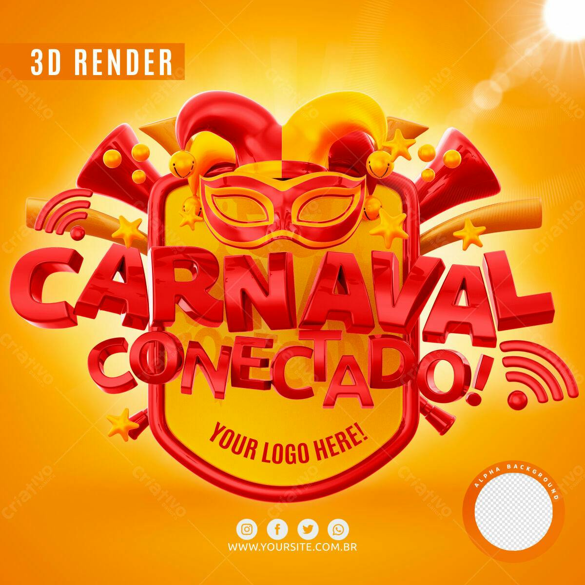 Selo 3D Carnaval Vermelho e Amarelo Brilhante