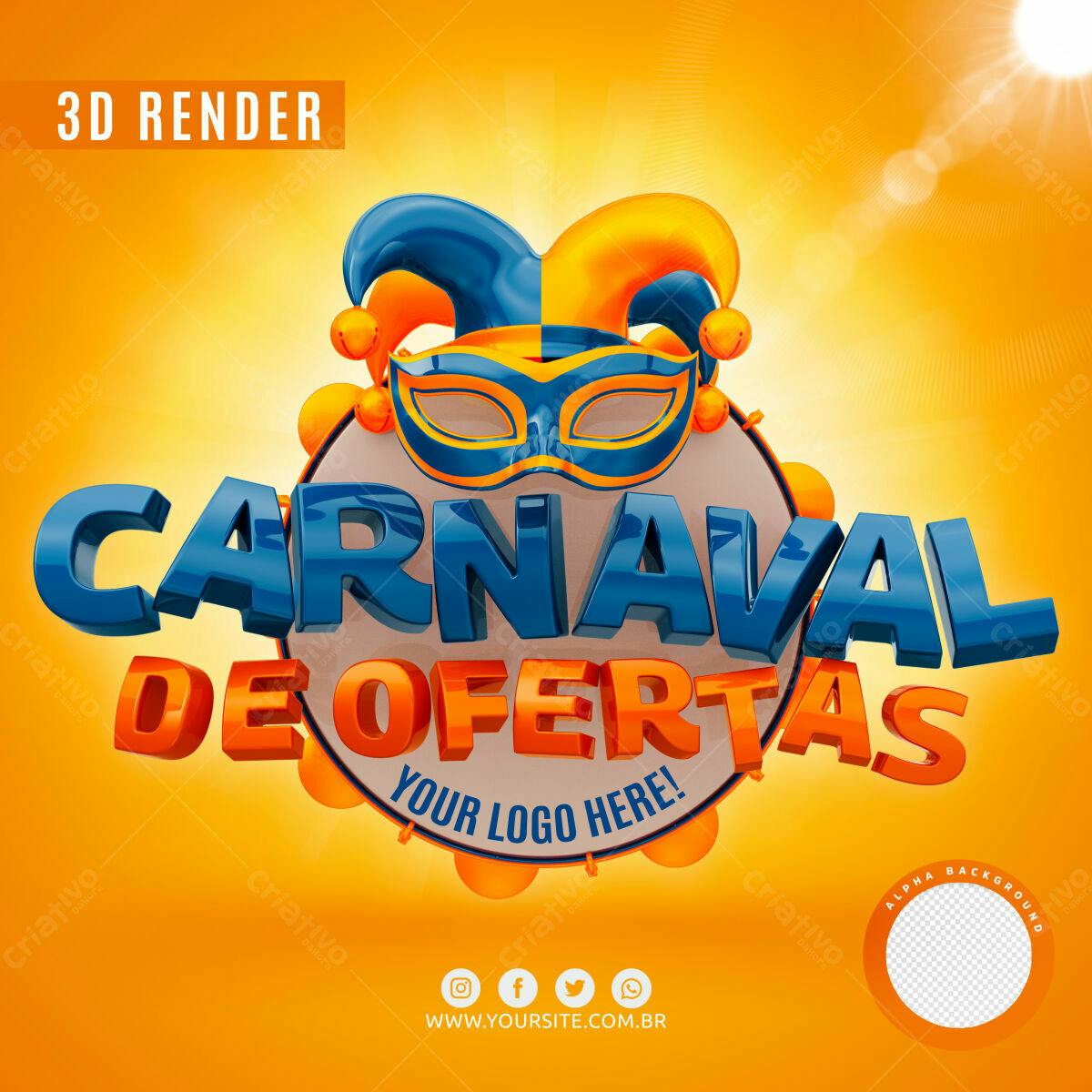 Selo 3D promocional Carnaval azul e laranja