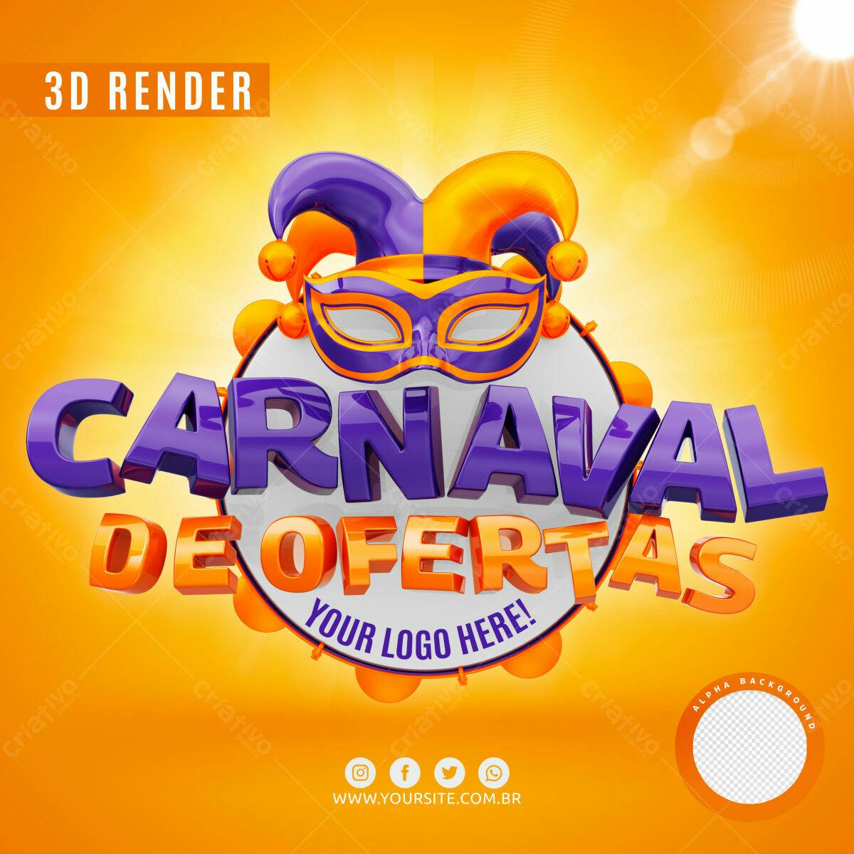 Selo 3D Carnaval Laranja e Roxo Brilhante