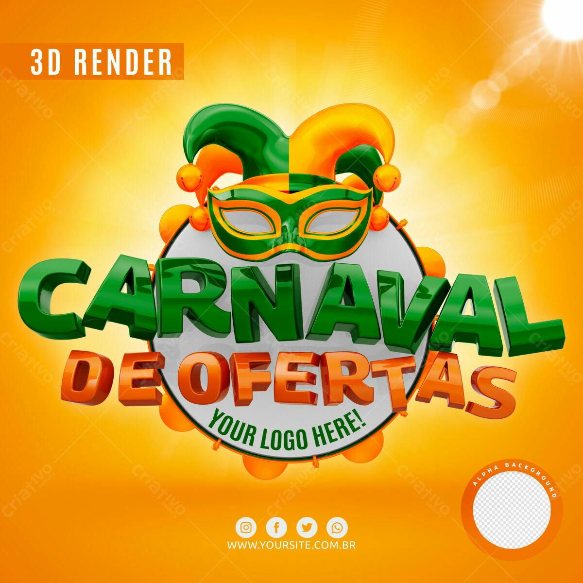 Selo 3D promocional Carnaval verde e laranja