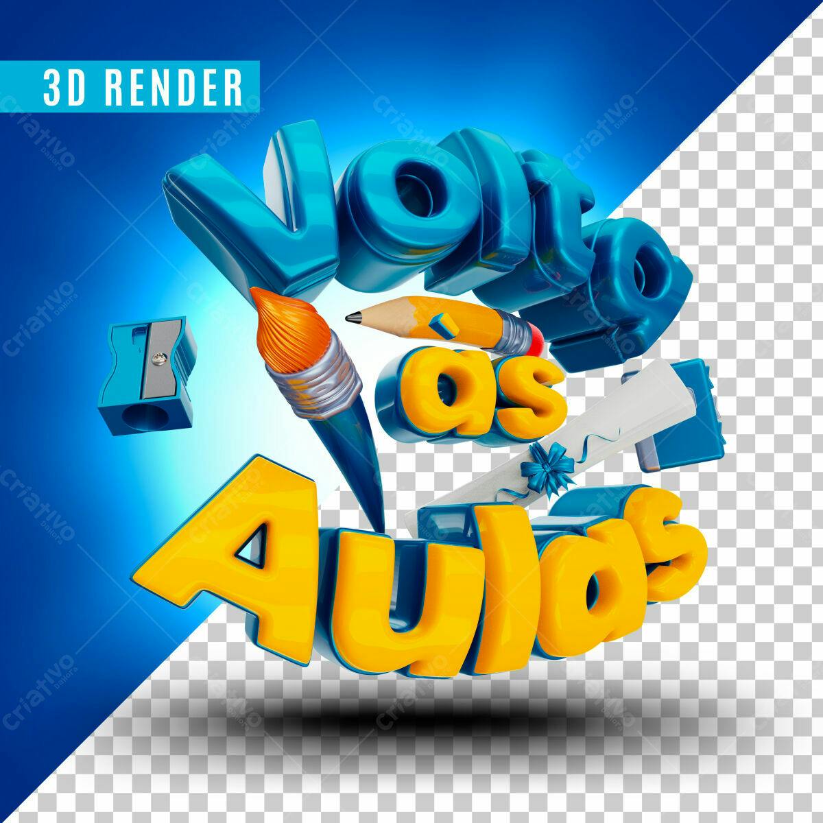 Selo 3D volta às aulas azul e amarelo