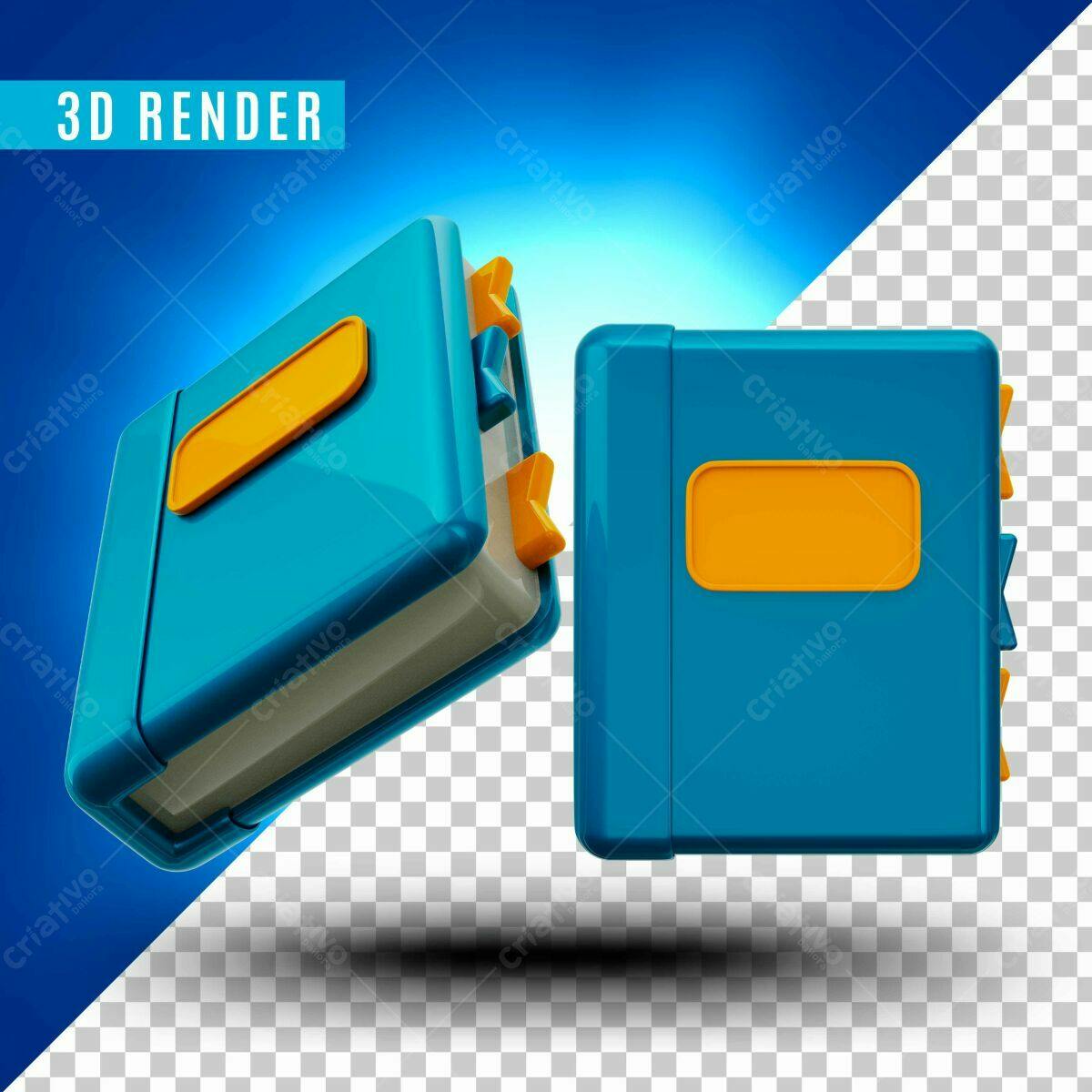 Selo 3D livro azul e laranja brilhante