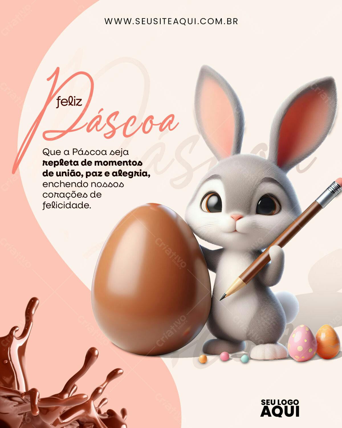 Flyer Páscoa com Coelho e Ovo de Chocolate PSD Editável