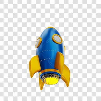 Foguete 3d rocket azul e dourado png transparente