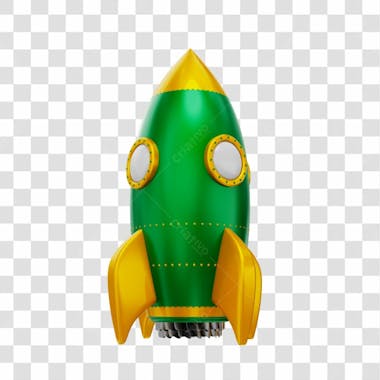 Foguete 3d rocket verde e dourado png transparente