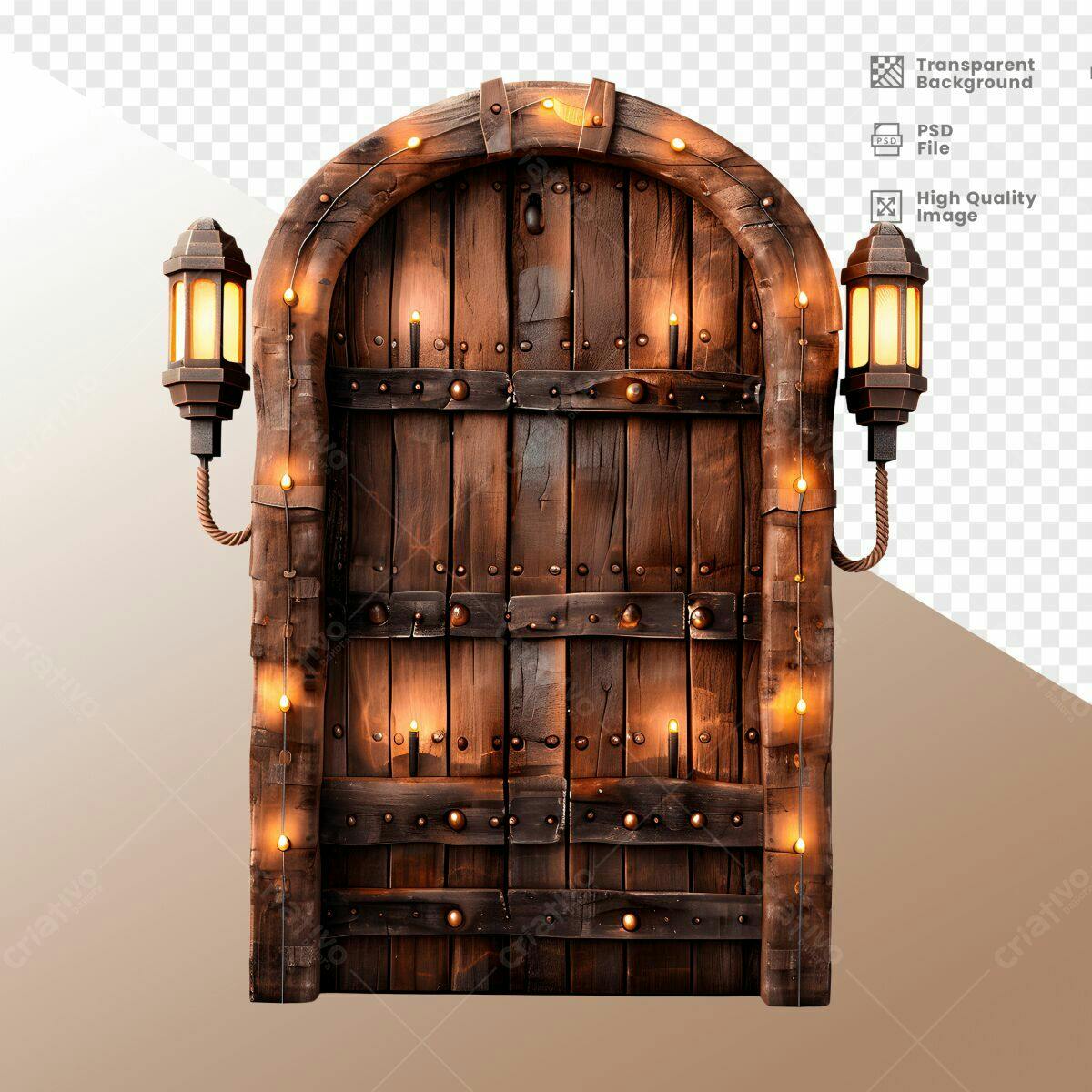 Moldura Porta de Madeira Antiga com Luzes PSD Editável