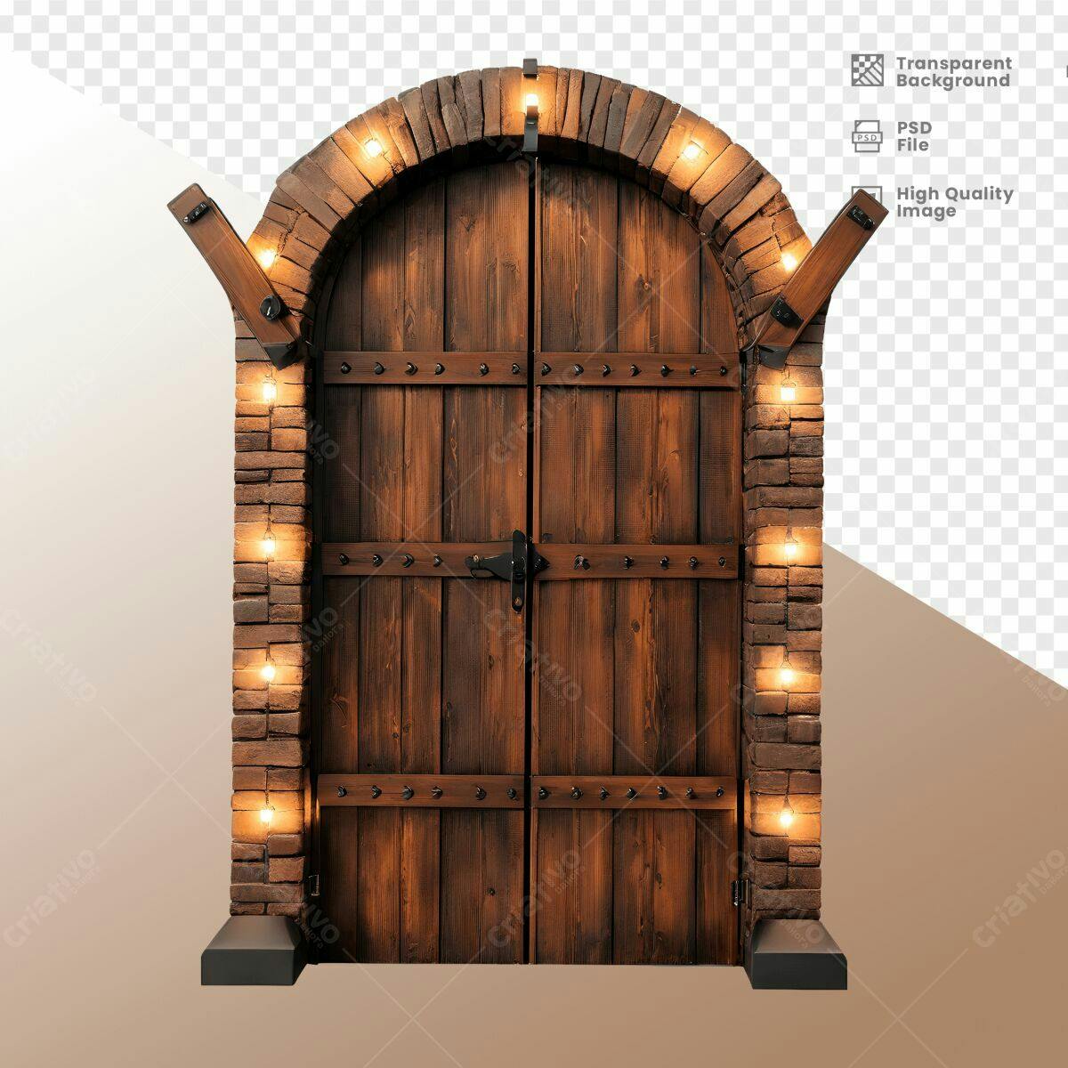 Portão de Madeira Rústico com Luzes PSD Editável