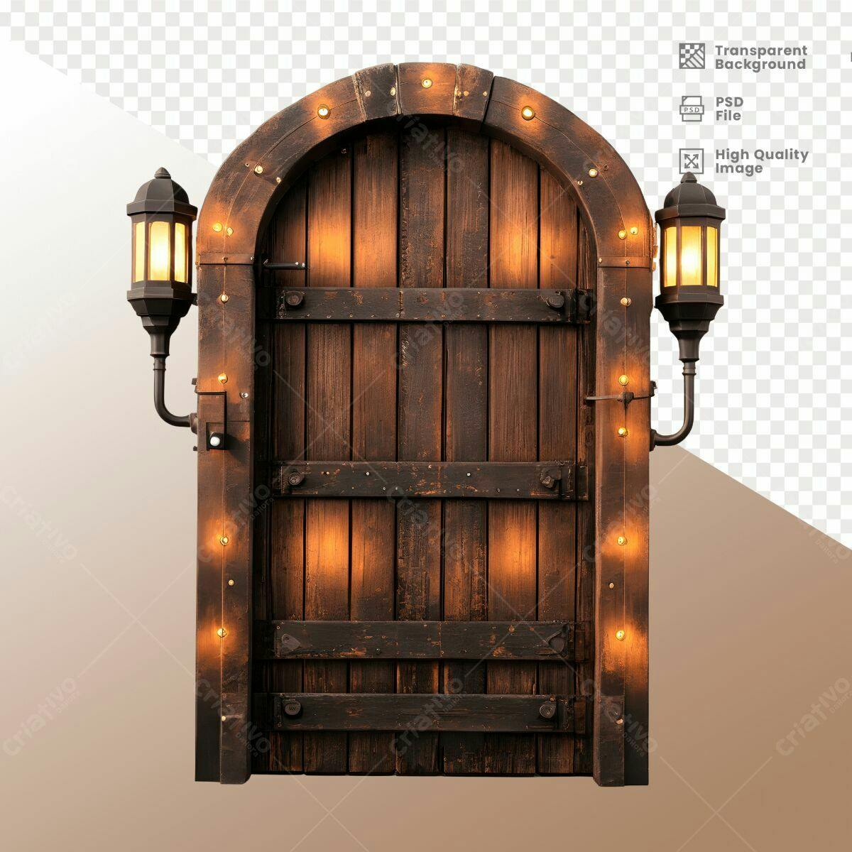 Porta de Madeira Antiga com Luzes PSD Editável