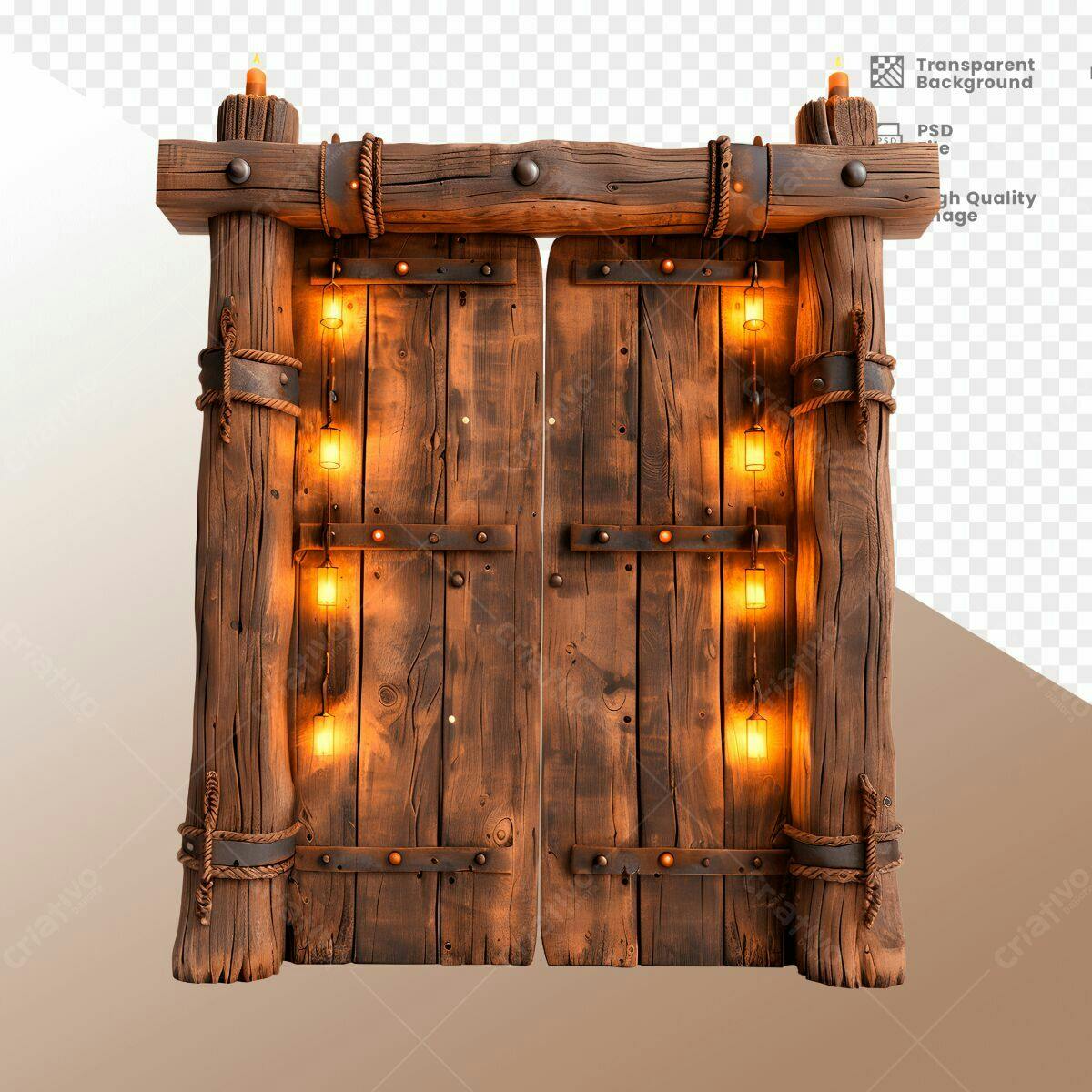 Portão de Madeira Antigo com Luzes PSD Editável