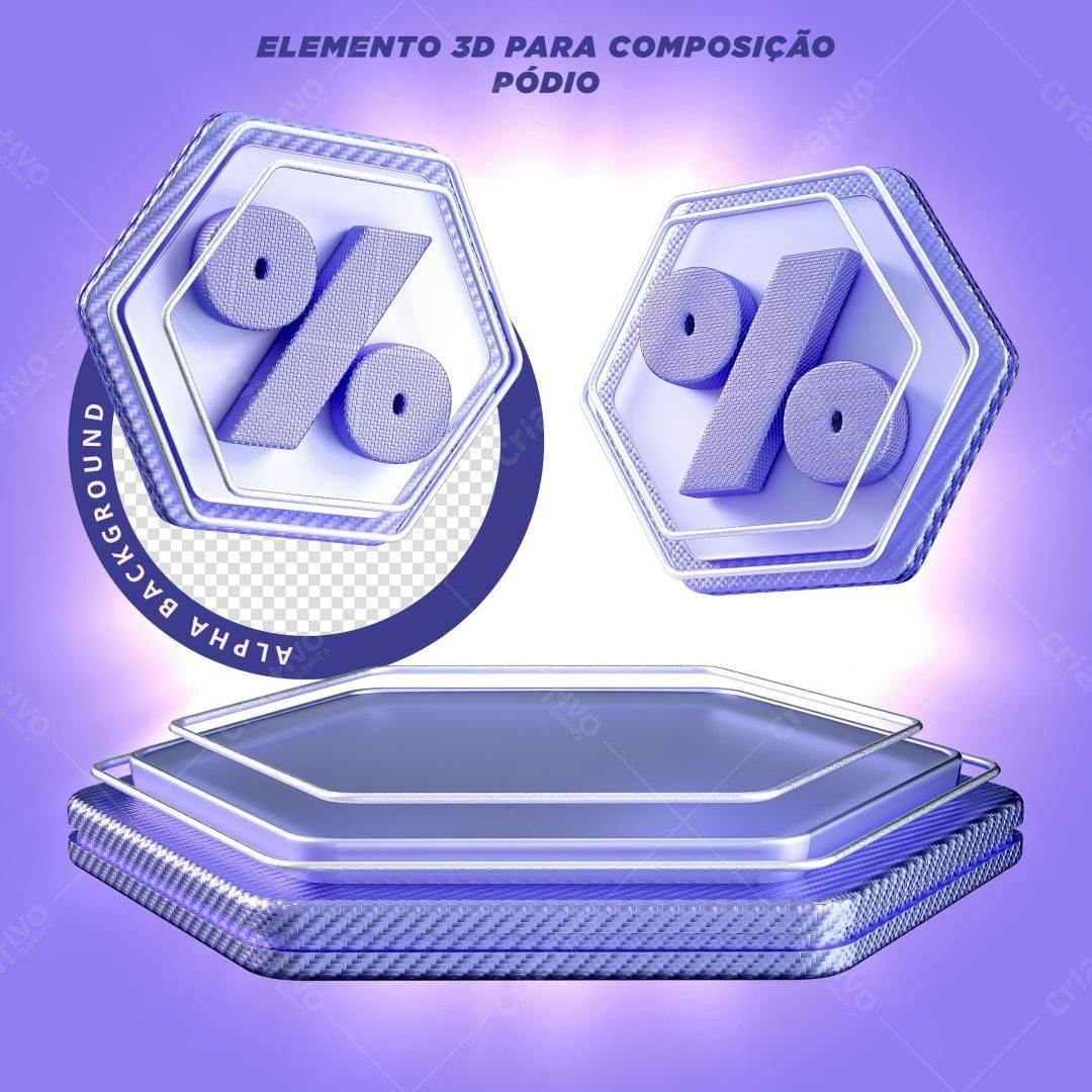 Selo 3D promocional hexagonal lilás e branco