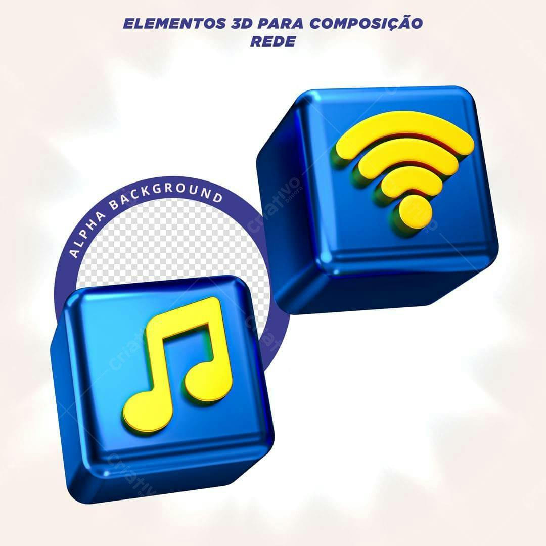 Selo 3D cubo azul e amarelo com ícone de música