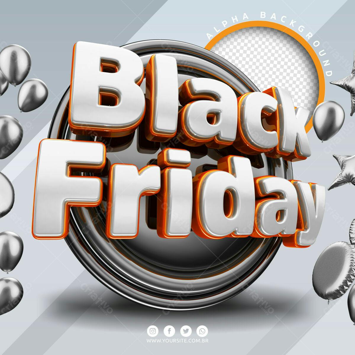 Selo 3D Black Friday prata e laranja metálico