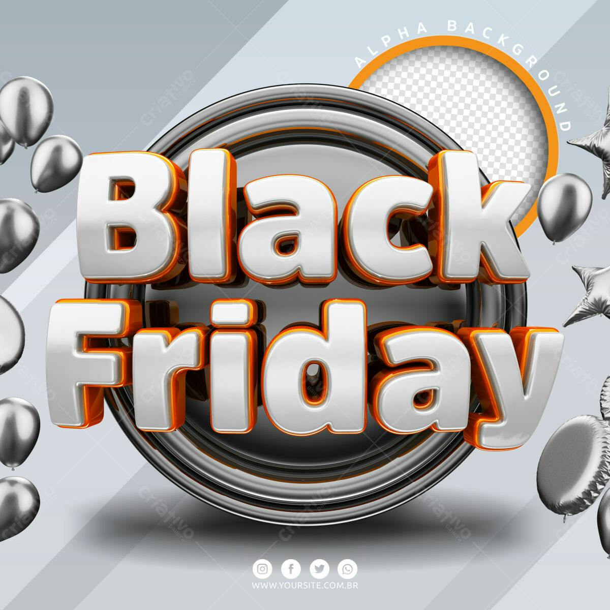 Selo 3D promocional Black Friday prata e laranja