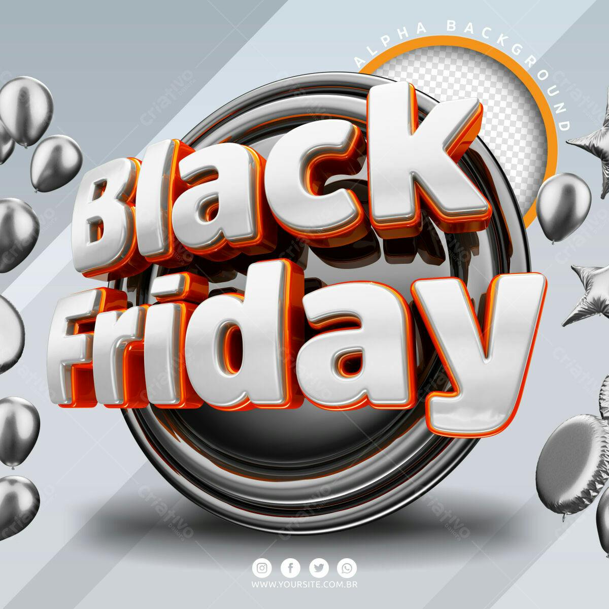 Selo 3D promocional Black Friday prata e laranja