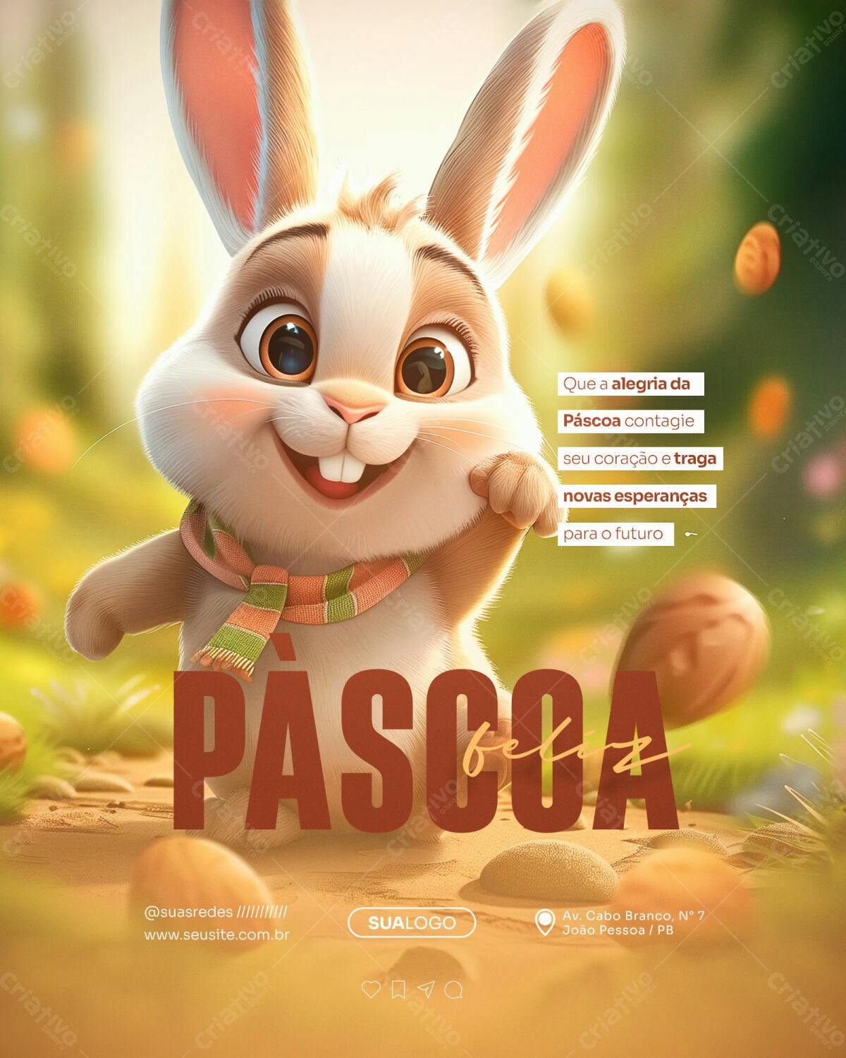 PSD Páscoa Feliz com Coelho 3D para Redes Sociais PSD Editável