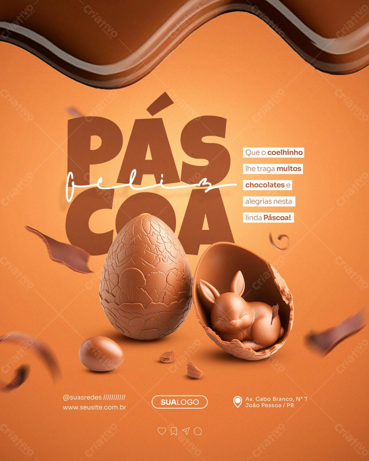 Flyer Páscoa com Ovo e Coelho de Chocolate PSD Editável