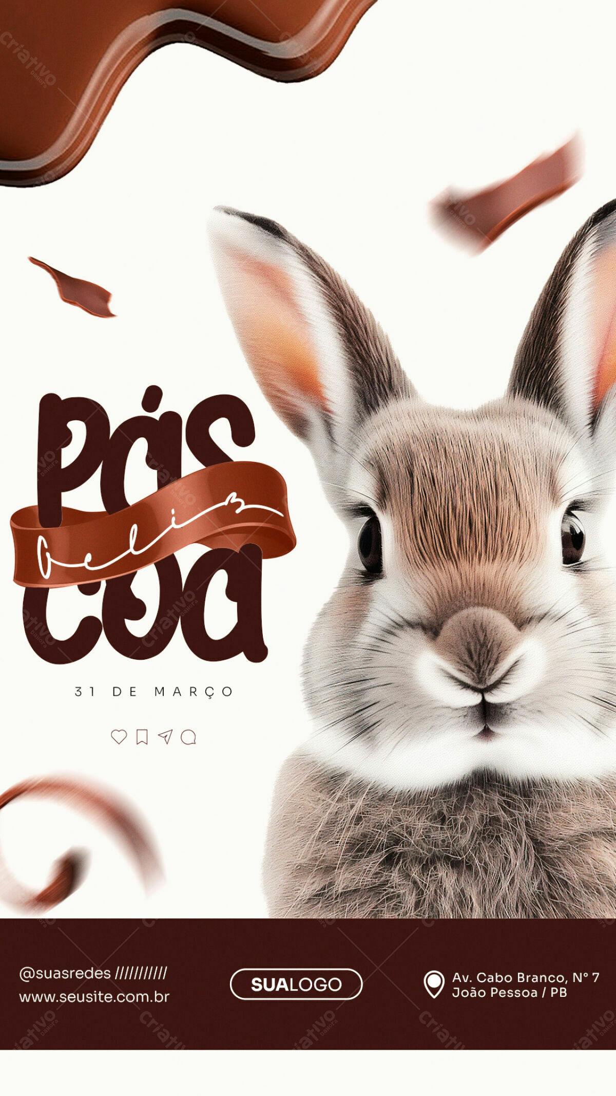 Flyer Páscoa com Coelho e Chocolate PSD Editável