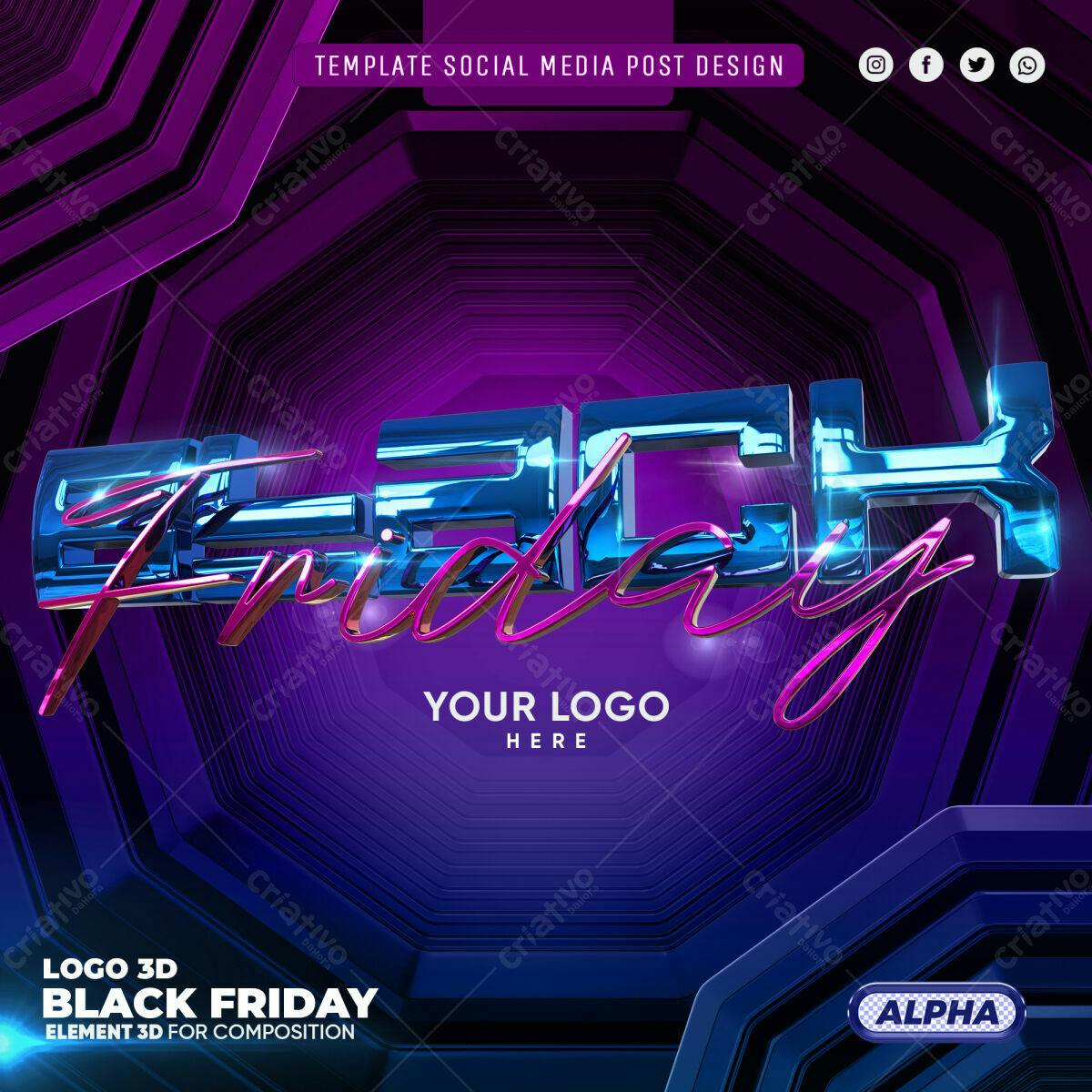 Selo 3D promocional Black Friday azul e rosa metálico