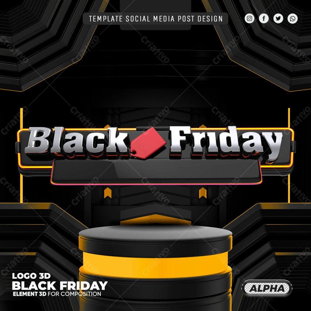 Selo 3D Black Friday metálico preto e amarelo