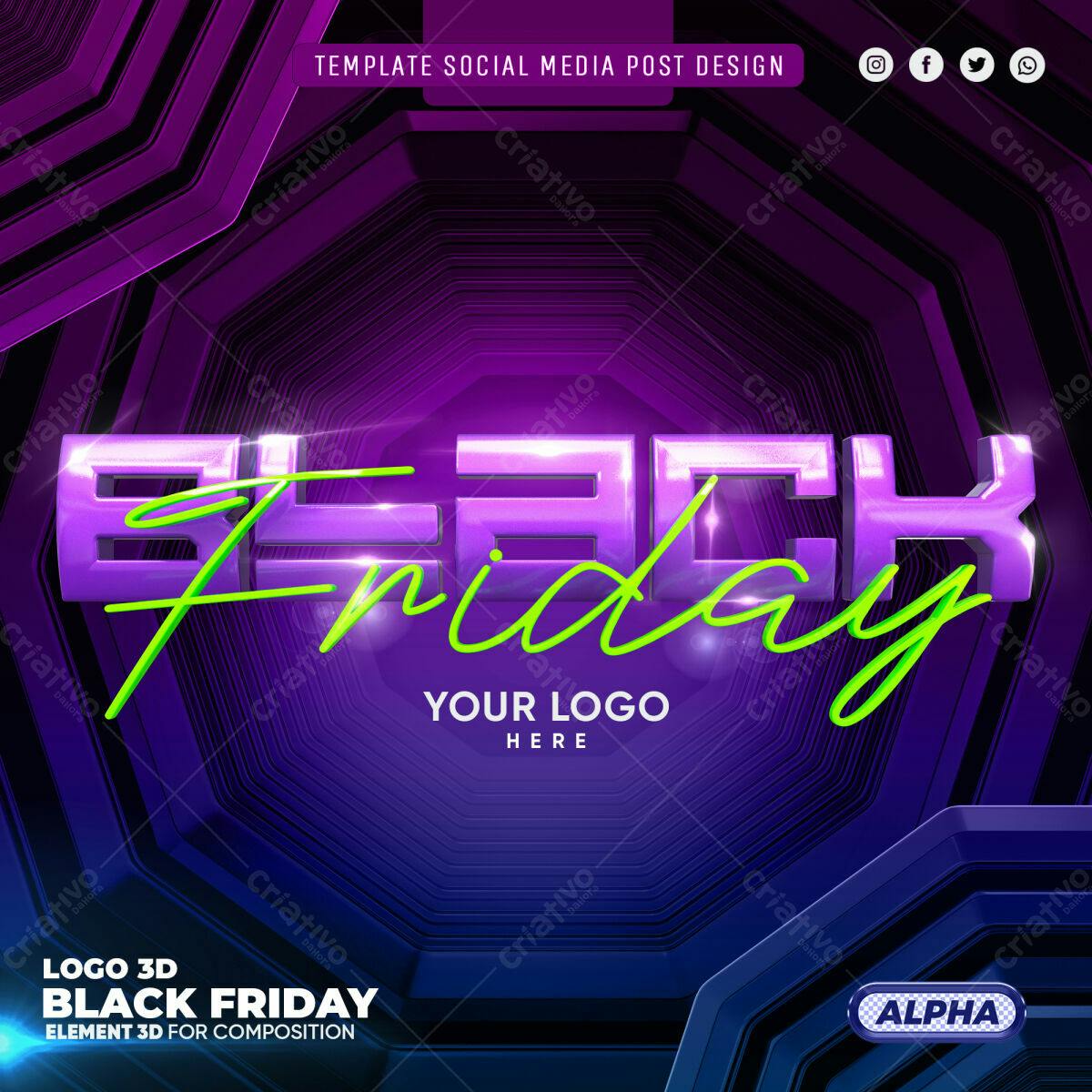 Selo 3D Black Friday roxo e verde neon