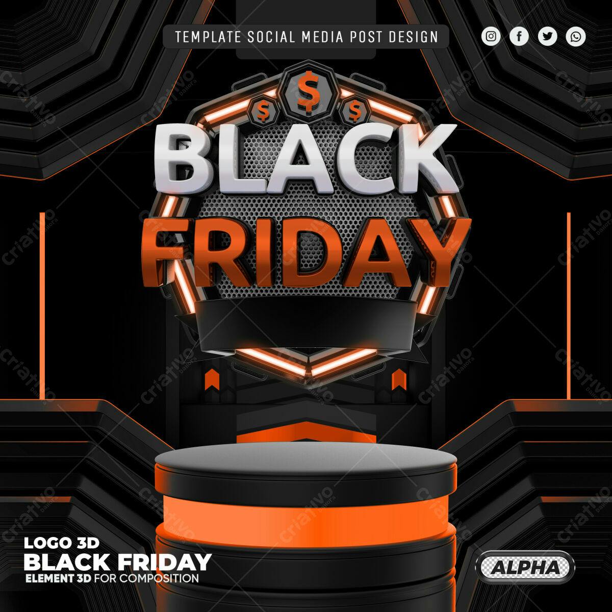 Selo 3D Black Friday metálico laranja e preto