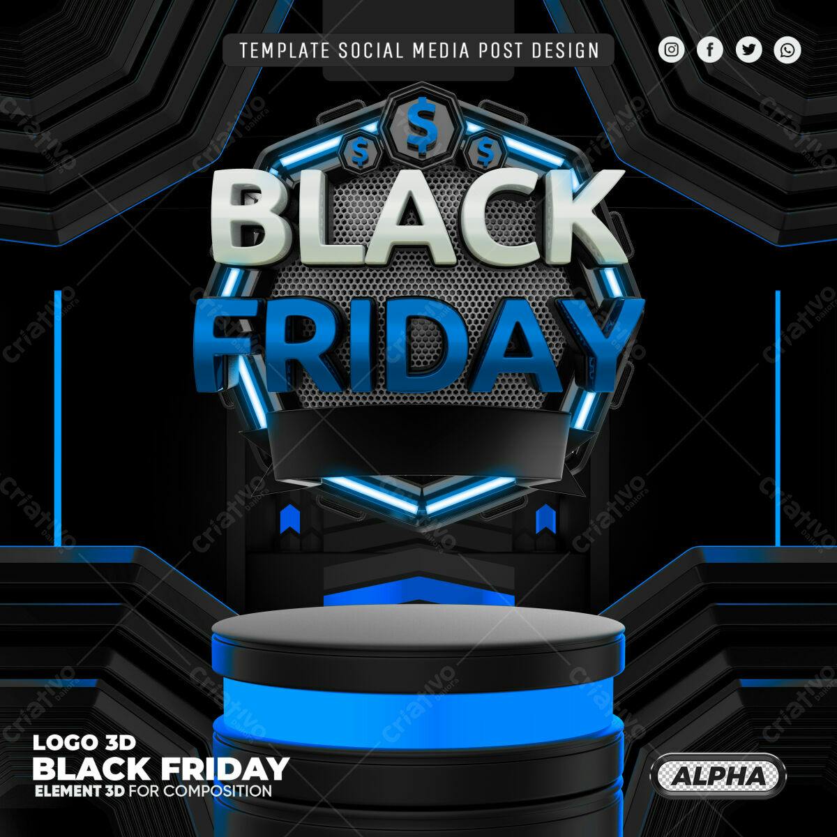 Selo 3D Black Friday metálico azul e preto