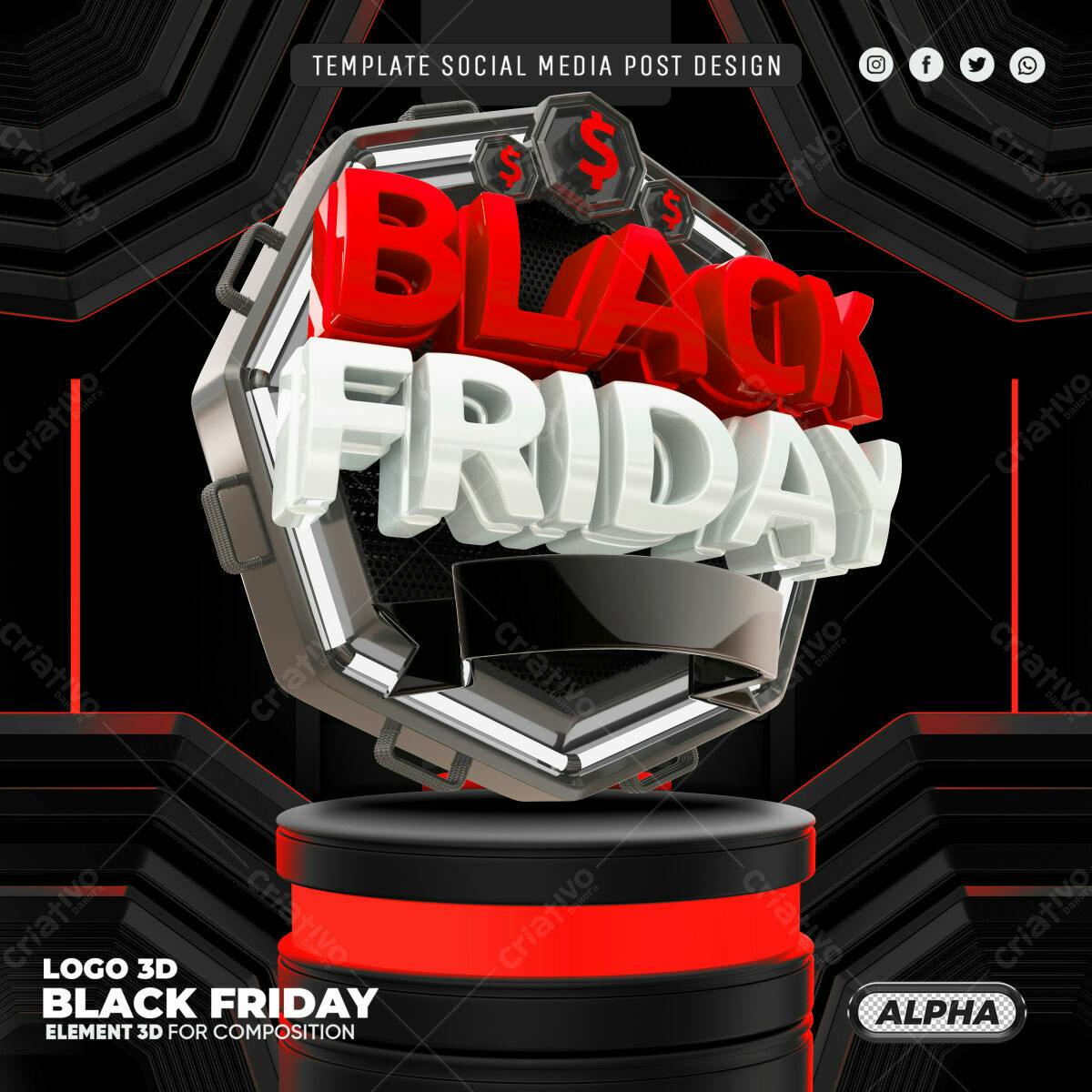 Selo 3D Black Friday Hexagonal Vermelho e Prata