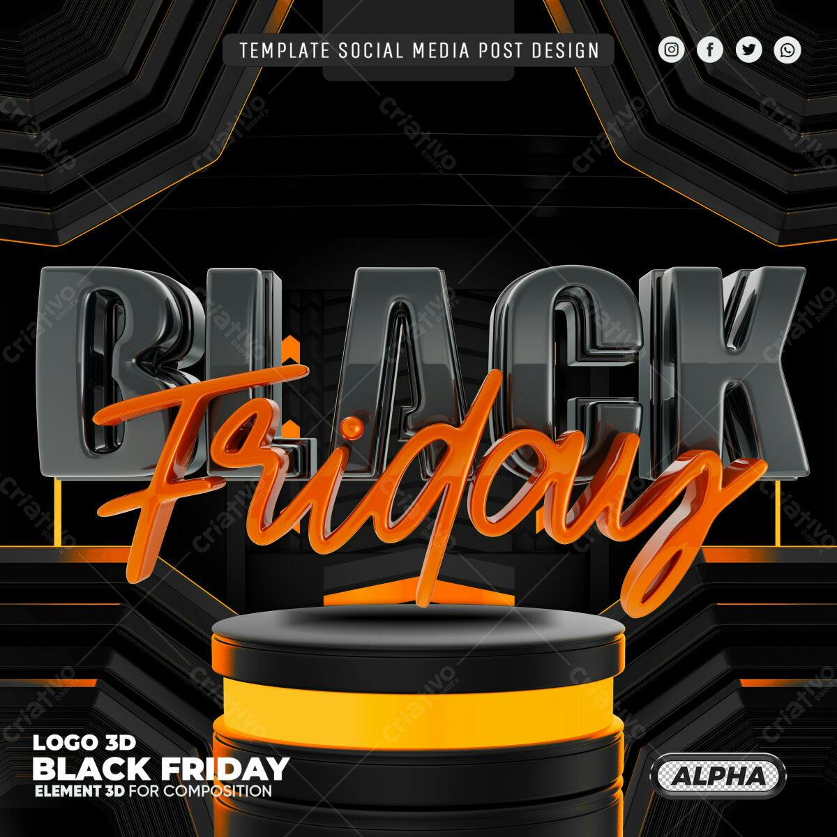 Selo 3D Black Friday Preto e Laranja Brilhante